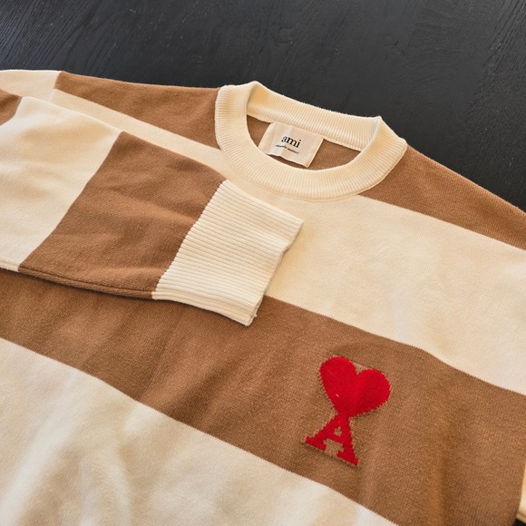 Ami Paris Other - Ami Paris Alexandre Mattiussi Striped Crewneck Sweater Tan Cream Ami de Coeur M